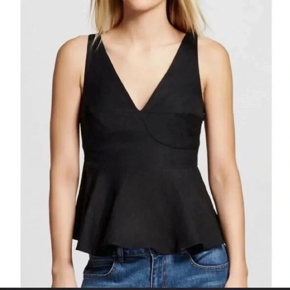 WhoWhatWear Linen Blend Peplum Sleeveless Black Tank Top Blouse Womens Medium - Picture 1 of 10